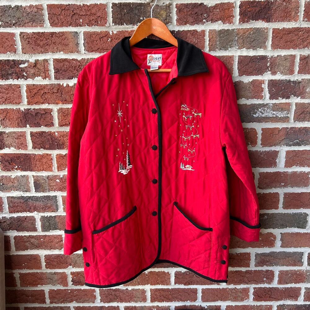Vintage Christmas Red Quilted Embroidered Coat Womens Size Large